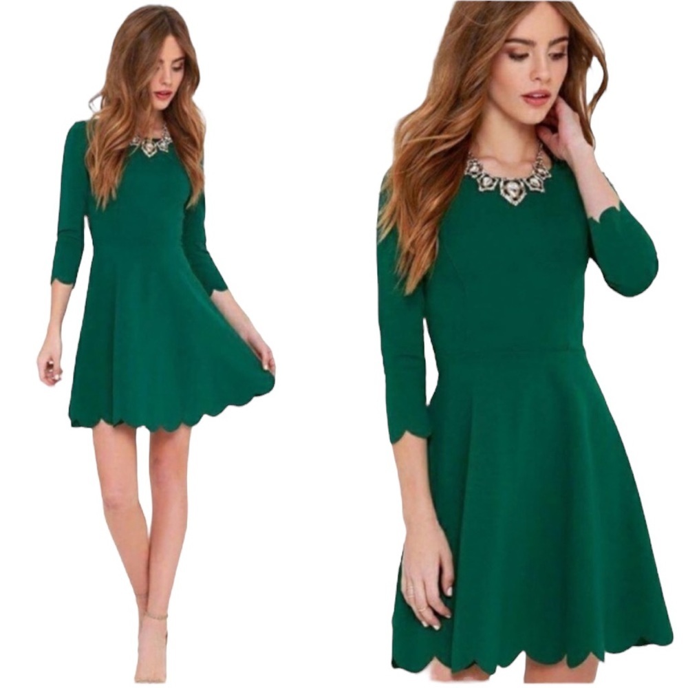 LULU’S Cumulonimbus Clouds Green Skater L Midi scoop neck scalloped hem Dress